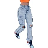 Women's High Waisted Ripped Boyfriend Cargo Jeans Distressed Denim Pants with Flap Pockets