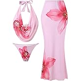OYOANGLE Women's 3 Piece Swimsuits Floral Halter String Bikini Set with Long Beach Skirt Cover Up Beachwear