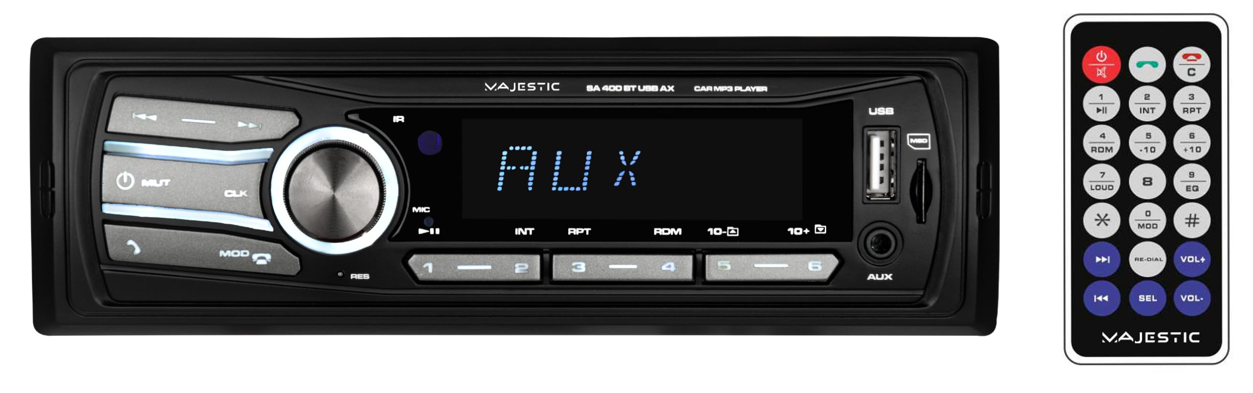 Majestic SA 400 BT USB AX Audio Car System with Bluetooth, MP3/WMA USB/Micro SD, Remote Control, 100W (25W x 4ch), Black