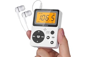 PRUNUS J-159 Pocket AM FM Radio Portable with Stereo Earphone, Battery Operated Radio by 2 AAA, Manual Preset, Large Screen, Lock Key Radios,Sleep Timer,Mini Radios,Digital(No Speaker)