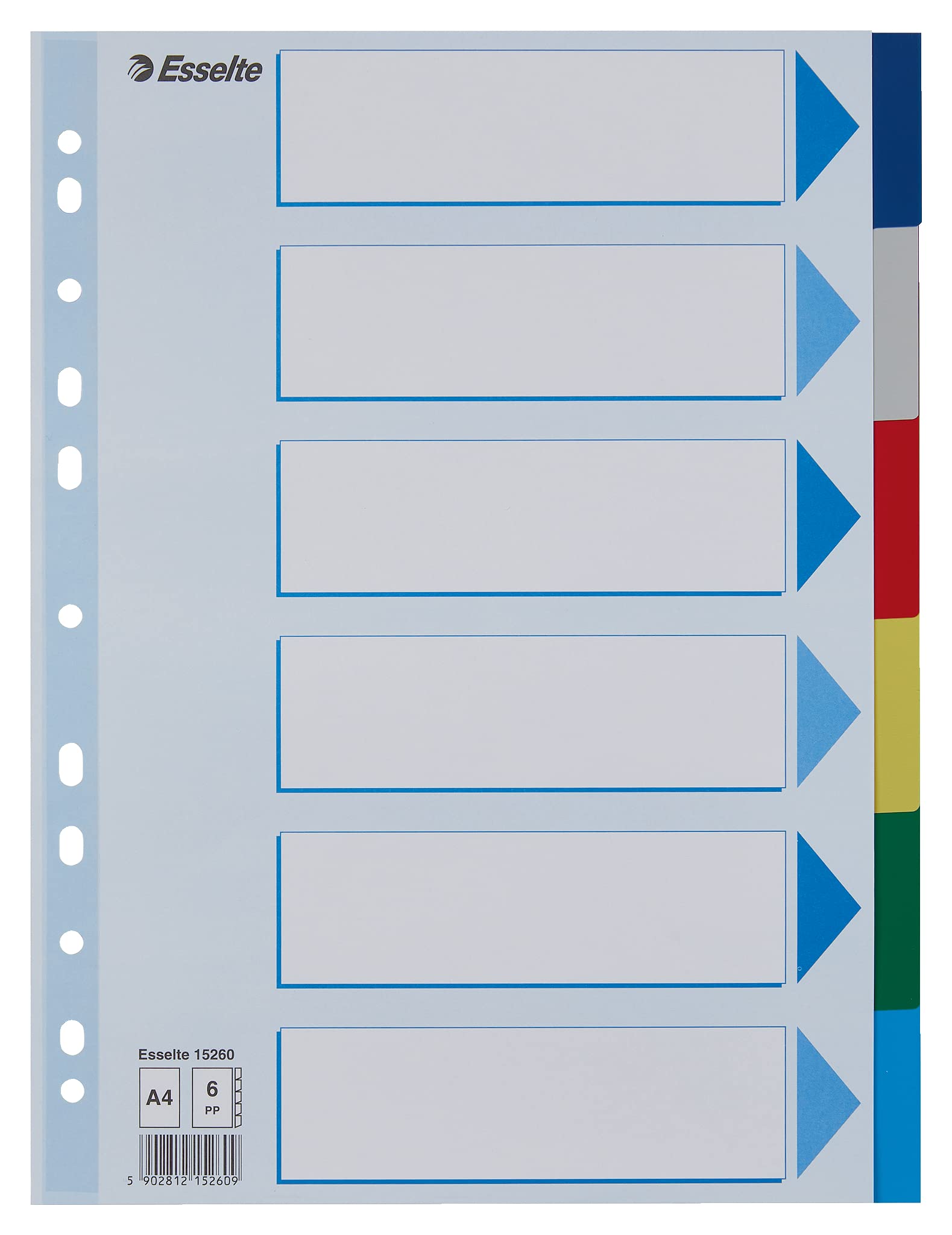 Esselte Mylar File Separator made of Polypropylene with mylar reinforcement, Multicoloured 6 keys A4 multi-coloured