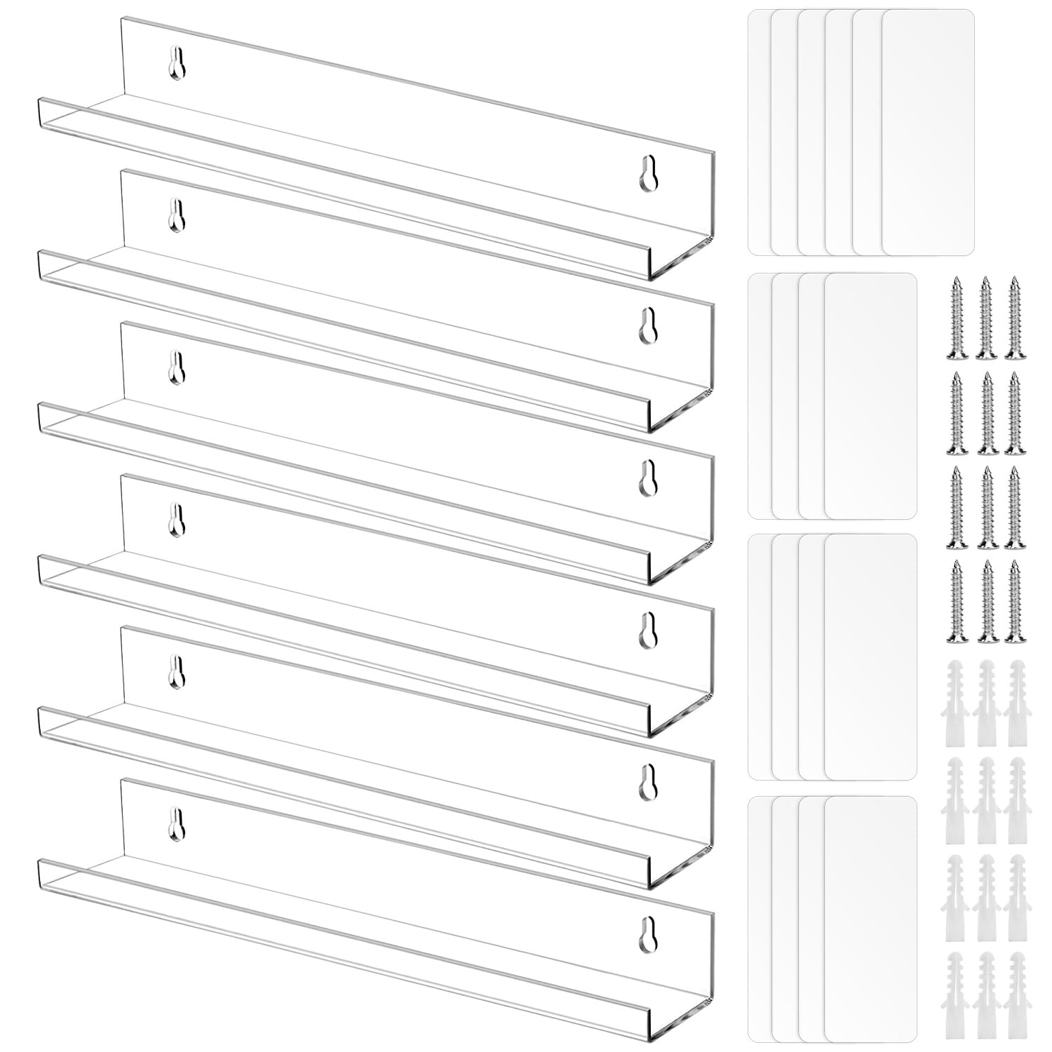 QWORK® 6 Pack Clear Vinyl Record Holder Shelf, Wall Mounted Acrylic Record Display Rack with Installation Hardware (15 Inch | 38cm)