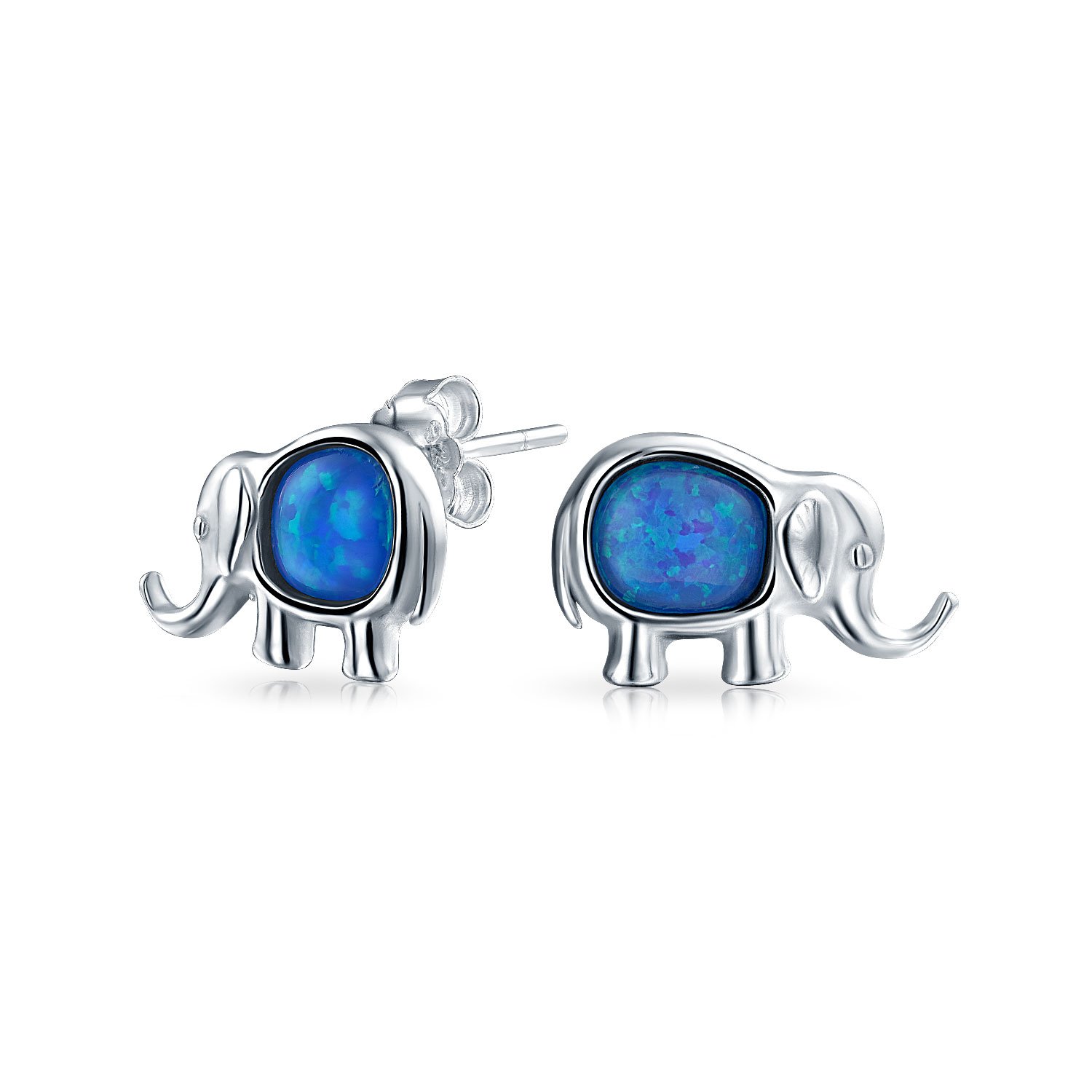 Lucky Dainty Small Gemstone Created Blue Opal Zoo Animal Lover Good Luck Elephant Stud Earrings For Women Teen .925 Sterling Silver October Birthstone