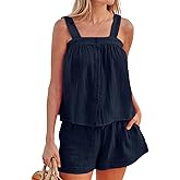 Xfileen Women's Button Down Cami Pajamas Set Summer Cotton 2 Piece Shorts Set Beach Vacataion Outfits With Pocket