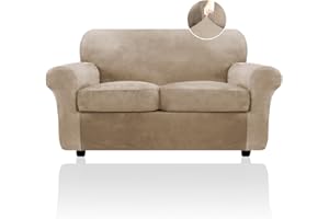 FestiCorp Velvet Sofa Covers for 2 Cushion Couch Sofa Slipcovers for 2 Seat Cushion Couch, Stretch Love Seat Couch Covers, 3 Piece Couch Cover, Thick Furniture Covers for Dogs Pets, Camel