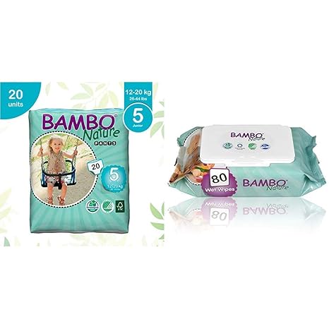 Bambo Nature Premium Baby Diapers - Pants Style, Large Plus Size, 20 Count - Super Absorbent Toilet Training Pull Ups for Kids Upto 3 Years & Bambo Nature | Baby Wipes | 1 x 80s