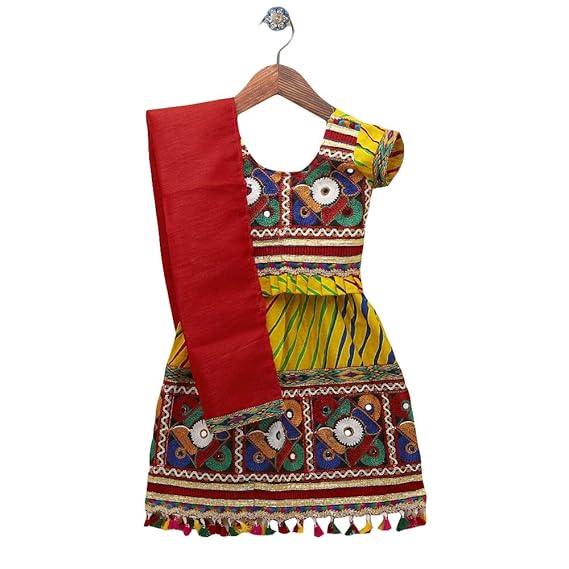 BownBee By Hopscotch Girls Cotton Leheria Print Cotton Lehenga Choli in Yellow Color