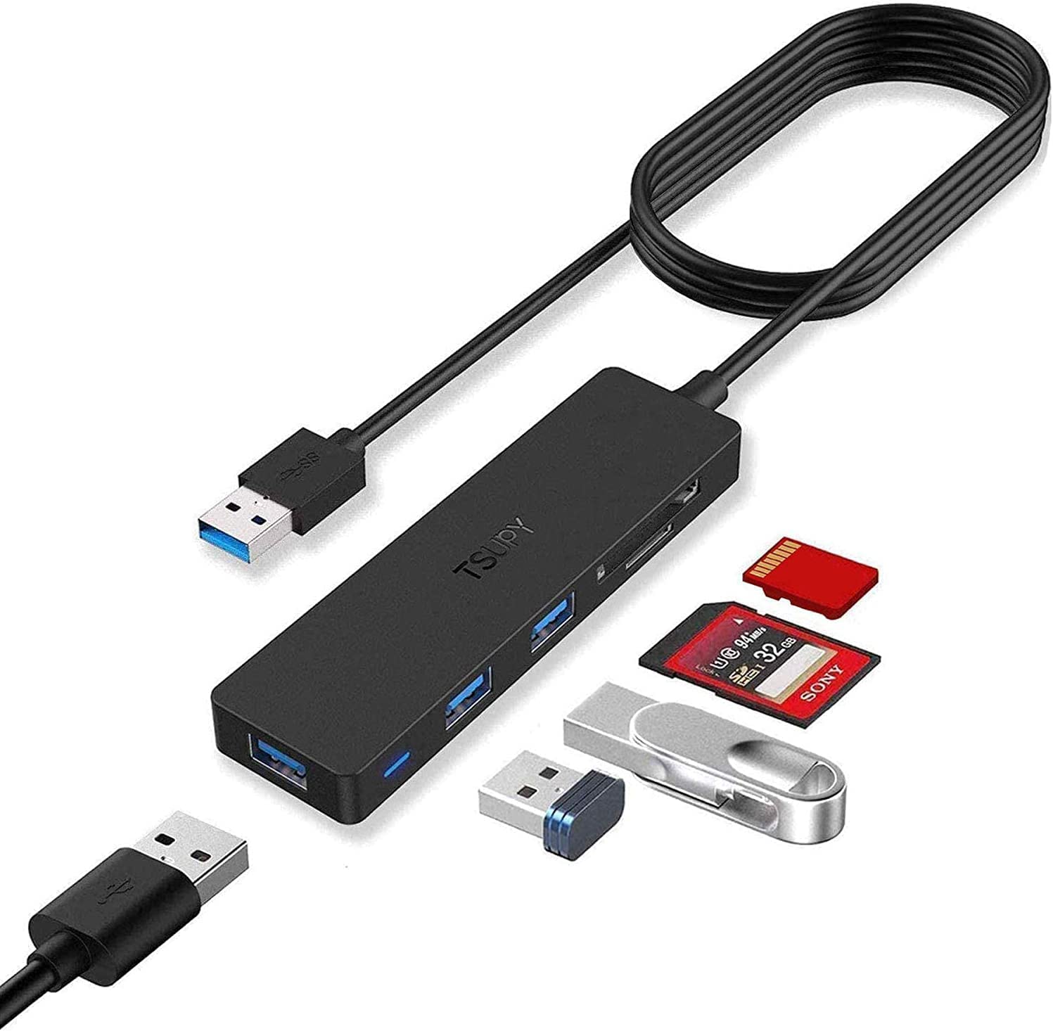 TSUPY USB Hub 3.0, 5 in 1 USB Hub Card Reader with 120cm Extension Cable, 3 x USB 3.0 Ports + SD/TF Card Reader USB Extender Hub for PC, Laptop, Flash Drives, PS4, HDD and More
