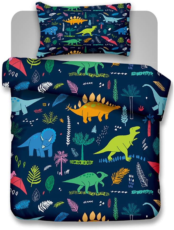 Bedding Set Duvet Cover with Pillowcase, Dinosaur Theme Duvet Case Bed Set, Dino with Tree Leaf Print Pattern, Ideal for Kids Childrens Teen - Single, Blue