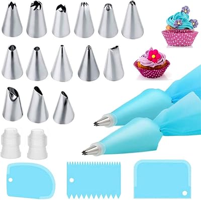 Yiouou 21 Pcs Piping Kit 14 Nozzles 2 Reusable Bags Couplers Scrapers