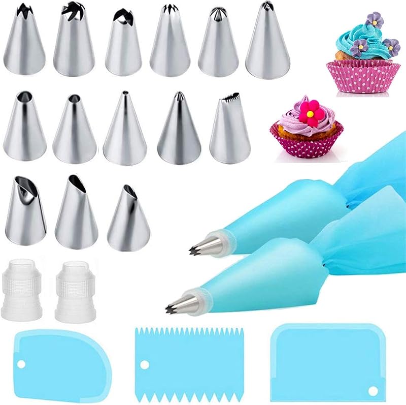 Yiouou 21 Pcs Piping Kit 14 Nozzles 2 Reusable Bags Couplers Scrapers