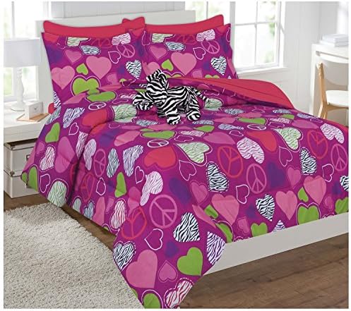 8 Piece Full Size Zebra Love &amp; Peace Comforter and Sheet Set with Bonus Stuffed Animal