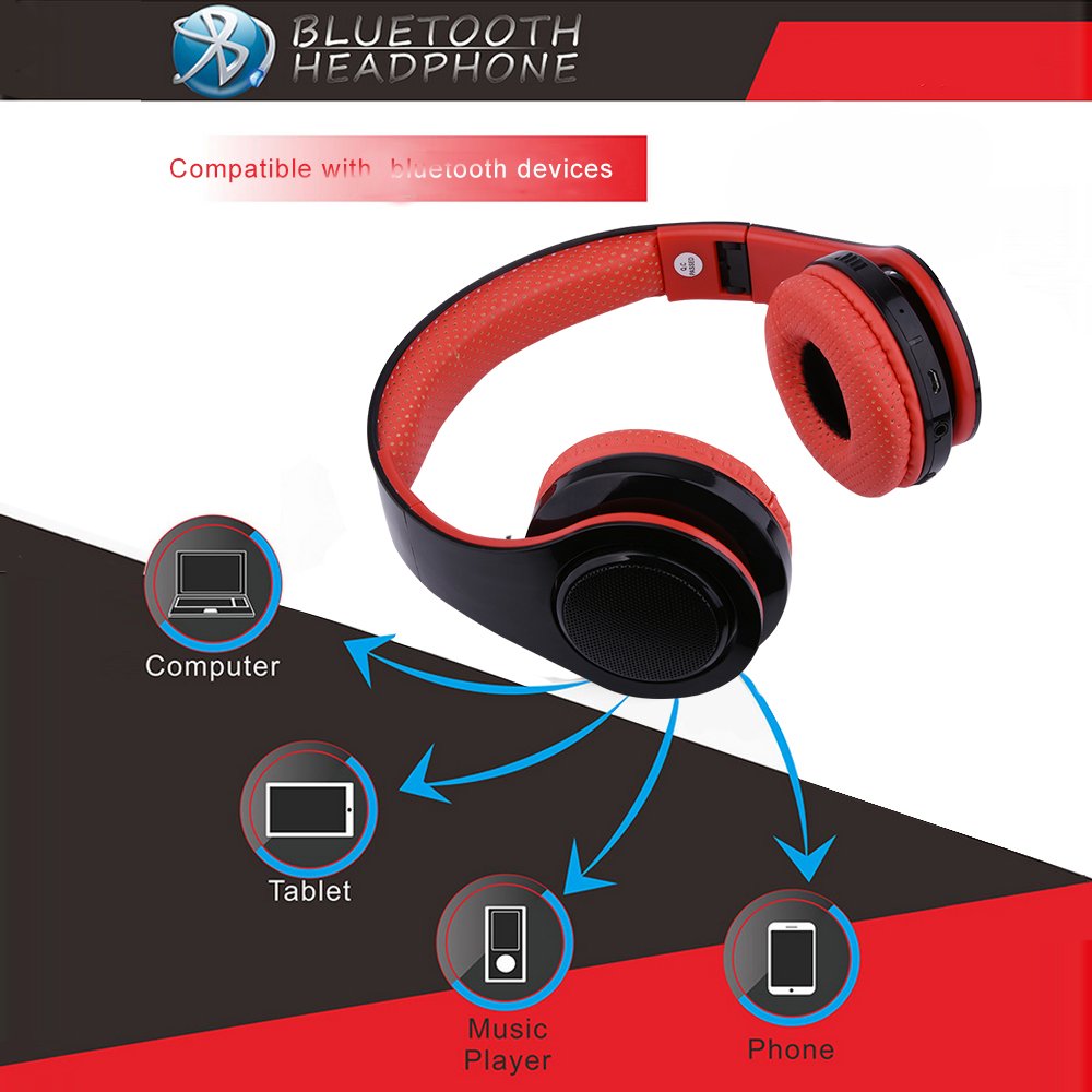 Ecandy Bluetooth Headphones w/Led Wireless/Wired Stereo Music Foldable Over-ear Hifi Sound With Microphones Hands-free Handsfree Calling for Iphone 6 6S Plus Samsung,Android Smartphone,Tablet (Red)