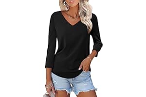 KTILG Women's V Neck T Shirts 3/4 Sleeve Blouse Summer Tops Dressy Casual Solid Basic Tees