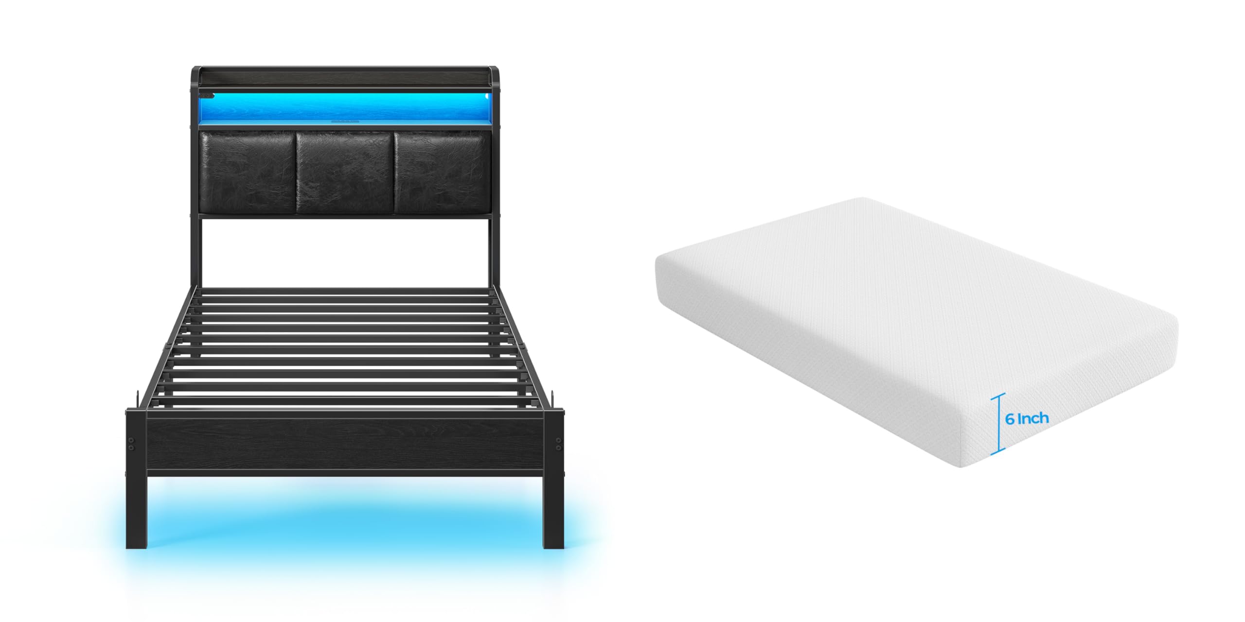 Rolanstar Bed Frame Twin Size with Charging Station, LED Bed Frame with Storage Headboard, Black - 6 Inch Gel Memory Foam Mattress, Gel Infused, Fiberglass Free, Medium Firm Mattresses Image