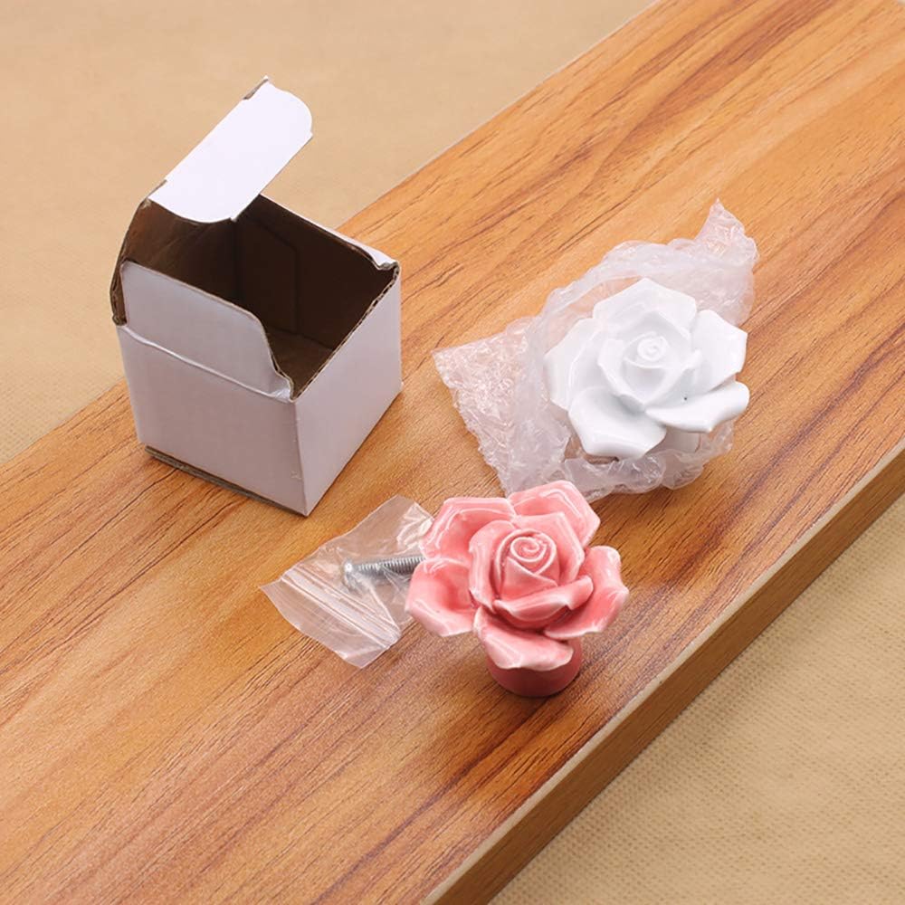 POFET Handle Zinc Alloy Ceramic Rose Single Hole Wardrobe Drawer European Antique Copper 5 Packs, Bronze White Rose - Image 5