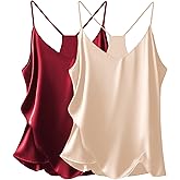 Ekouaer Womens Satin Cami Tops 2 Pack V Neck Silk Camisole Tank Top Spaghetti Strap Racerback Camis Blouse Shirt