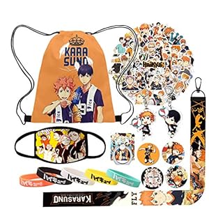Anime Haikyuu Gift Sets – Haikyuu Drawstring Bag Backpack/ 52 Haikyuu Stickers/ 4 Button Pins/5 Silicone Bracelet…
