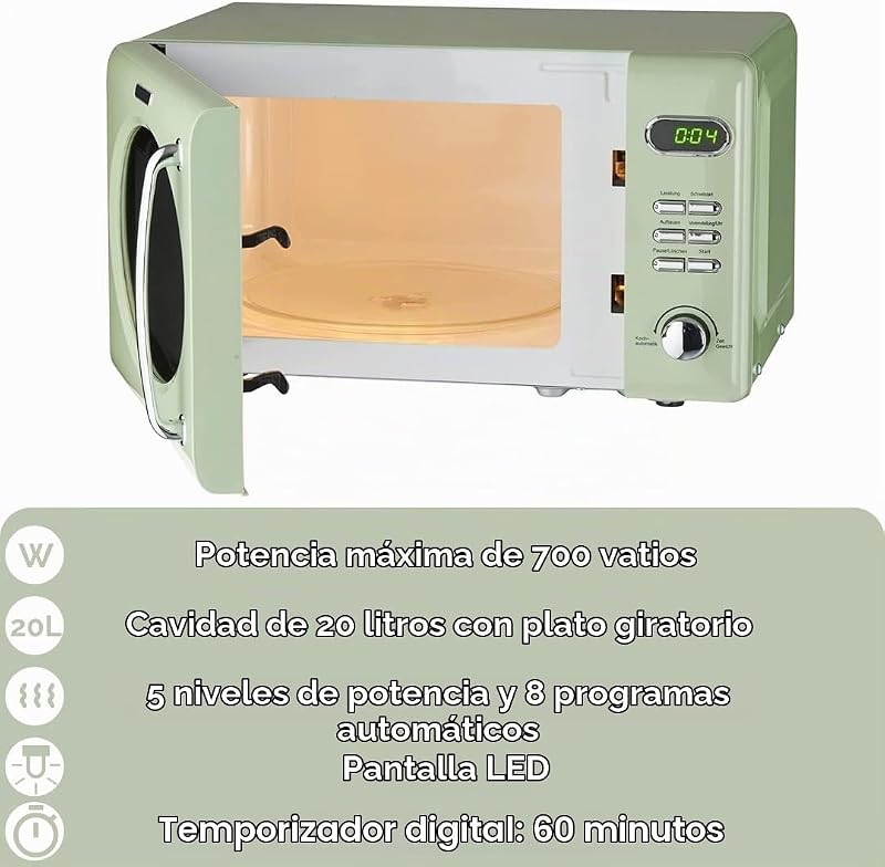 WMW720 I 700 W micro-ondas retro I 20 L espaço de cozinha I5 níveis de potência I 8 programas de cozinha, função de descongelação, carcaça metálica — foto 2 de 6