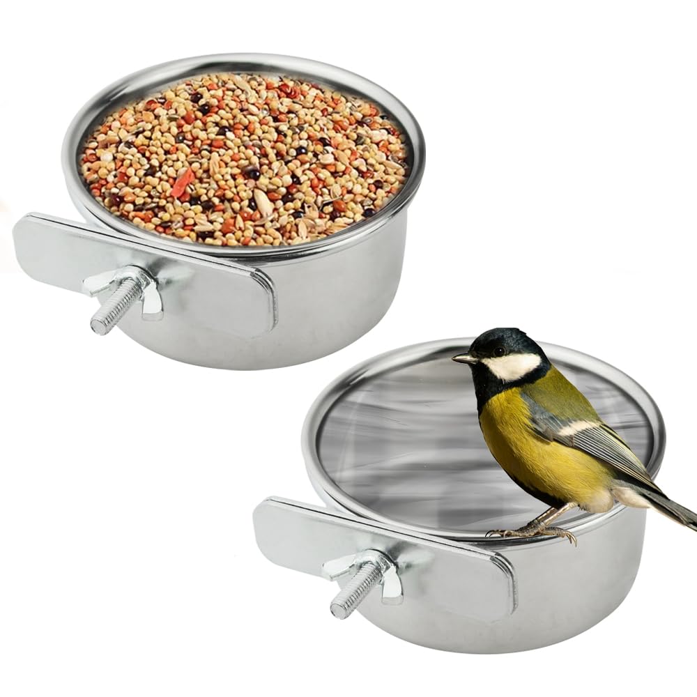 TOVOT 2PCS 10CM Parrot Feeding Bowls Hanging Bowls for Cage Bird Bowls Stainless Steel Pet Feeding Bowls Bird Feeding Dish Cups Pet