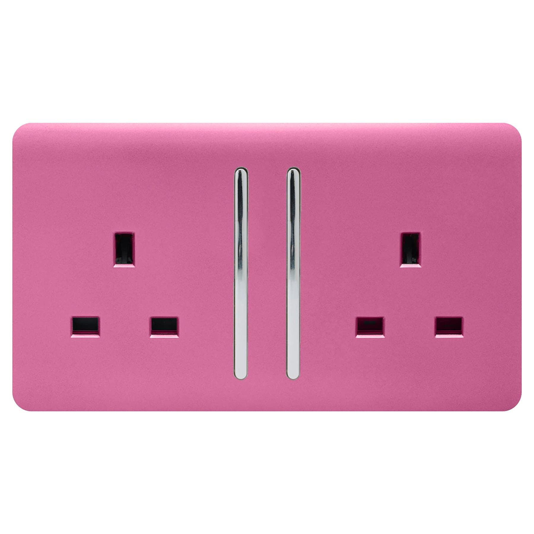 Trendi 2 Gang Raised Artistic Modern Glossy Screwless 13 Amp Single Pole with Chrome Switched UK Standard Electrical Double Wall Plug Socket in Candy Pink - ART-SKT213LPK