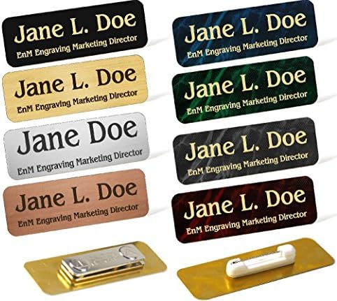 Custom Engraved Brass Name Tag Name Badge Magnetic or Pin Closure Employee Identification Plate Sign Personalized Real Metal (1"x2.5", Silver/Black Text)