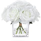 rubystory 7 Large Stem Rose Artificial Flowers in Vase, Silk Floral Arrangement in Vase with Fake Water for Home Decor, Wedding Table (Cream)