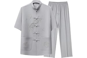 Cambkatl Men's Dragon Embroidered Tang Suit Chinese Traditional Mandarin Collar Kung Fu Shirts Short Sleeve Tai Chi Outfits