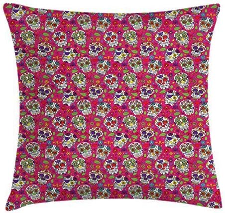 Sugar Skull Throw Pillow Cushion Cover by Ambesonne, All Saints Day Religious Mexican Flowers Hearts Vibrant Design Print, Decorative Square Accent Pillow Case, 36 X 36 Inches, Hot Pink Purple Green
