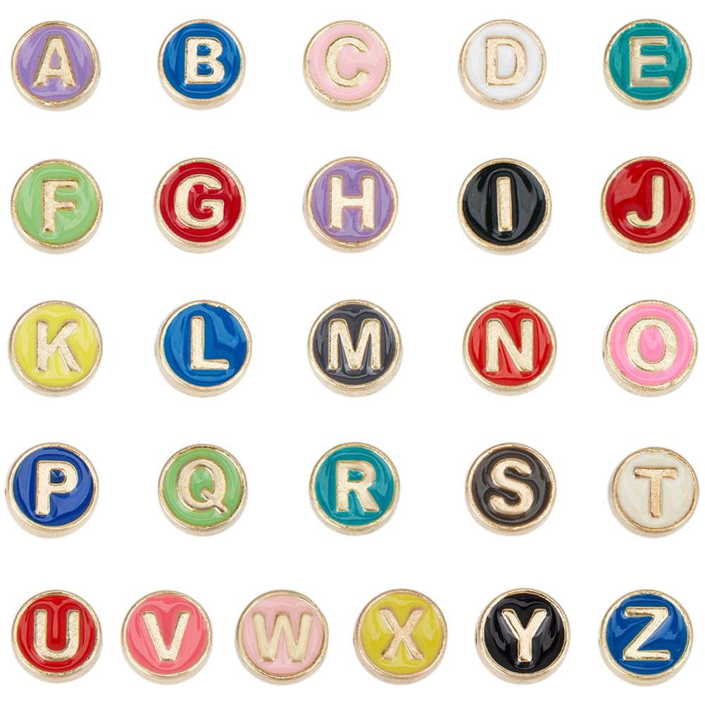 SUNNYCLUE 1 Box 52Pcs Alloy Alphabet Beads Metal Letter Bead Bulk Flat Round Initial Alloy Letters Multicolor Enamel Beads for jewellery Making Beads Accessories DIY Earring Crafting Beginners Women