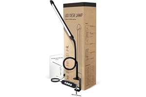 Phimuezl LED Desk Lamp with Clamp, Clamp Light with Adjustable Color Modes, Clip on Light with Long Flexible Gooseneck, Eye Care Lamp Clamp for Study, Work, Home, Office, Black, 12W