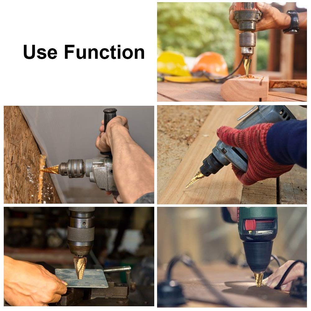 HSS Stufenbohrer Set,Gocheer 3 stück Stufenbohrer Schälbohrer Kegelbohrer Set,Spiral Gerillt,mit Tasche(4-12mm /4-20mm /4-32mm),für Edelstahl,Metall,Holz,Kunststoff,Aluminium, Kupfer,DIY usw (Golden)