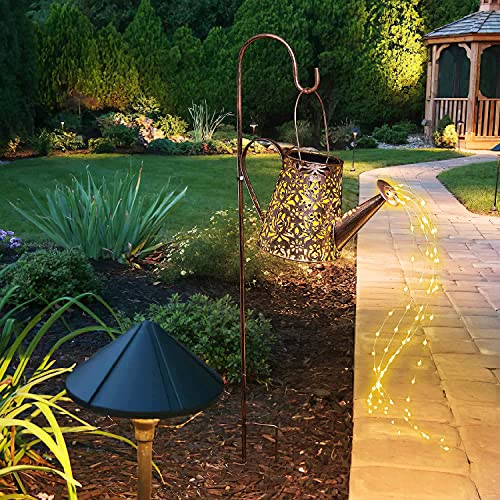 Solar Watering Can Lights with Light String 90 LEDs Lantern Iron Waterproof Perfect for Hanging Outdoor Pathway Garden Flower Decor with 32 inch Shepherd Hook (Warm White)