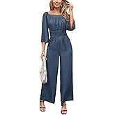 CUPSHE Women's One Piece Jumpsuits Dressy 3/4 Sleeve Square Neck Overalls Wide Leg Pants Rompers Vacation Outfits