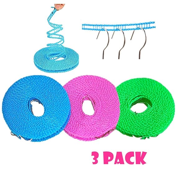 sinzau Tragbar Winddichte Wäscheleine, Kleiderlinie 5m Trocknen Wäscheleine Kleider Seil für Outdoor/Indoor / Home/Reisen 3 P