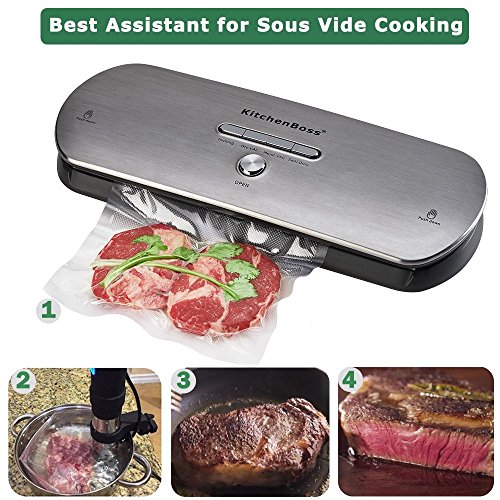 Vacuum Sealer Machine for Dry & Moist Foods Preservation Automatic Vacuum Sealing System, Intelligent LED Indicator Lights, Manual Inching Function with Starter Kit- KitchenBoss (Stainless steel)