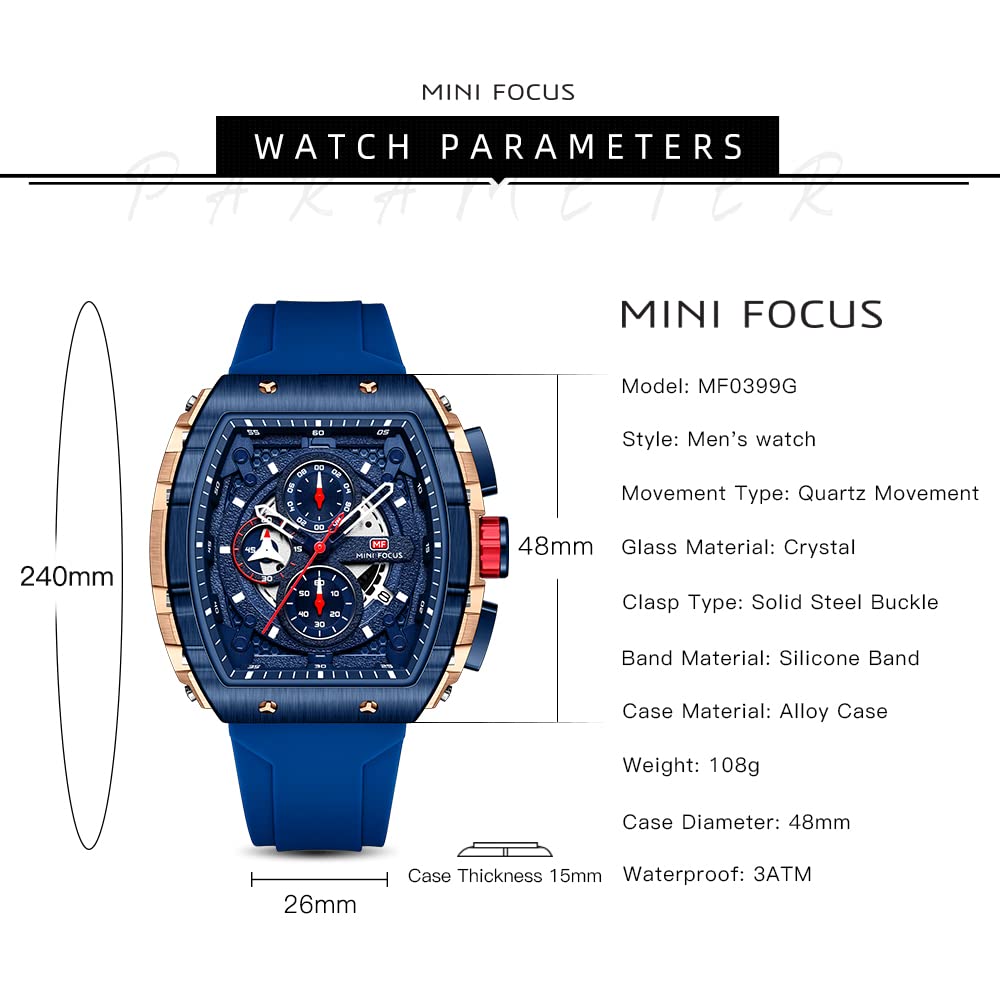 MF MINI FOCUS Mini Focus Men's Watch Fashion Sport Wrist Watches (Chronograph/Waterproof/Luminous/Calendar) Silicon Strap Quartz Watch for Men
