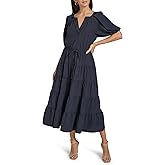 Calvin Klein Womens Short Balloon Sleeve Split Neck Tiered A-line Midi Dress