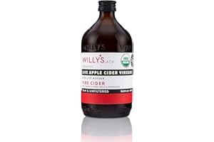 Willy's Organic Live Fire Cider with Mother - Apple Cider Vinegar with horseradish, garlic, onion, turmeric, ginger, honey and cayenne pepper. Probiotocs for Gut Health. 16.9oz Glass Bottle.