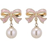 Gold Bow Earrings for Women Chunky Pearl Zirconia Tassel Long Chain Dangle Drop Earrings Trendy Cute Bowknot Wedding Party Accessories Gifts