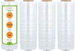 PSBM 4 Rolls 15 Inch x 1500 Feet 80 Gauge Stretch Film/Wrap, Heavy Duty Industrial Strength Clear Shrink/Plastic Wrap for Mov