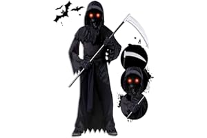 AnNido Grim Reaper Halloween Costume for Kids, Scream Costume with Glowing Up Eyes for Boys & Girls