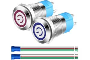 Gebildet 2pcs 0.47"/12mm Stainless Steel Self-locking Latching Push Button Switch 12V-24V 3A Power Symbol LED Normally Open SPST ON Off Waterproof Toggle Switch with Wire Socket Plug (Blue+Red)
