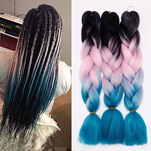 5pcs/lot Synthetic Hair for Braiding 24"Ombre Braiding Hair Extensions(Black Pink and Cyan-blue)