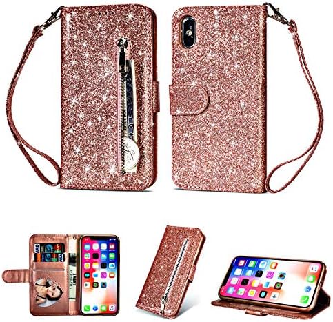 Phone Flip Folio Case for iPhone X/Xs, Premium PU Leather Wallet Case with Kickstand Genuine Leather Magnetic Smart Phone Case Cover with Card Slot Cash (Rose Gold,iPhone X/Xs)