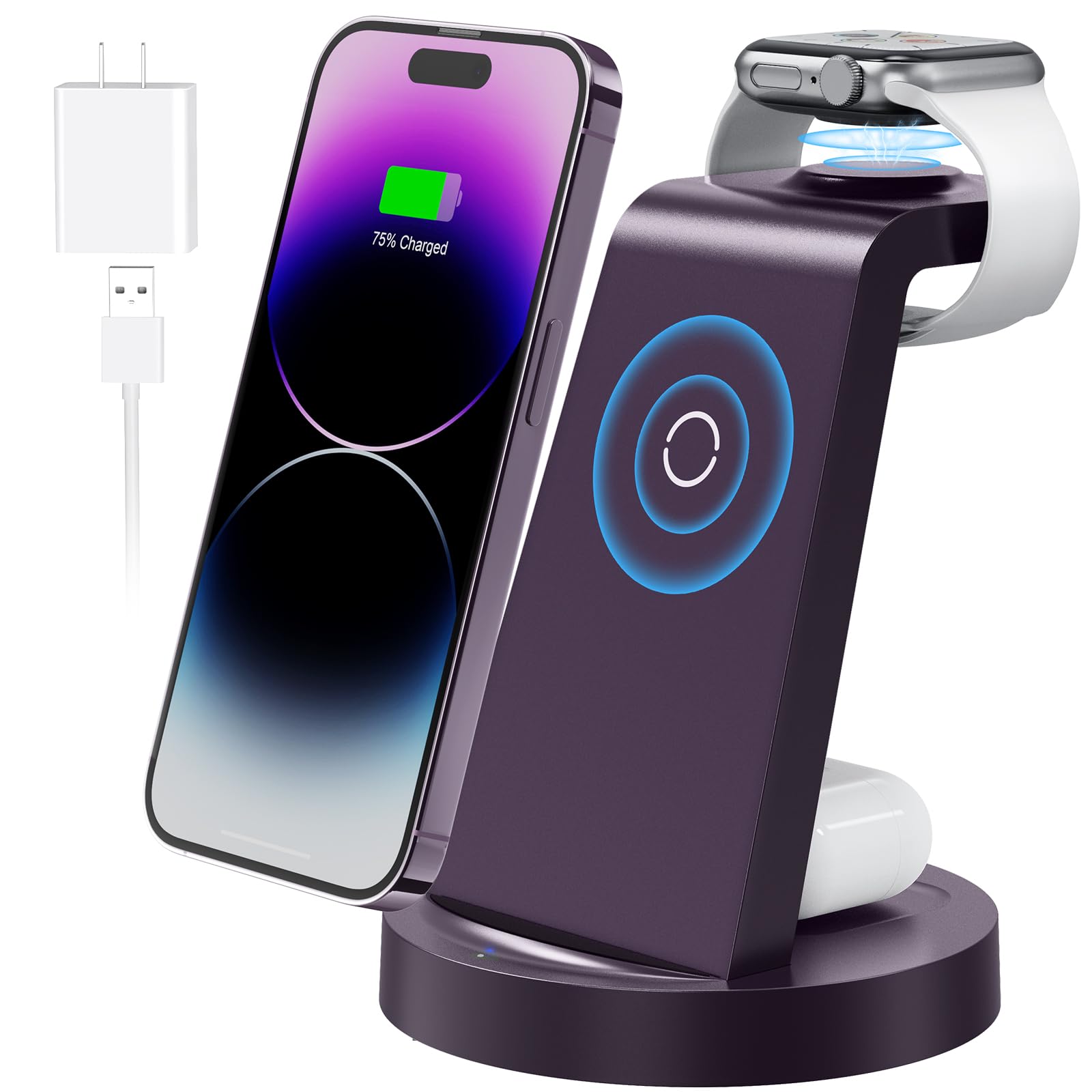 Photo 1 of 3 in 1 Charging Station for Apple Device, Wireless Charger for iPhone 16 15 14 13 12 11 Pro Max & Apple Watch iwatch- Charging Stand Dock for AirPods