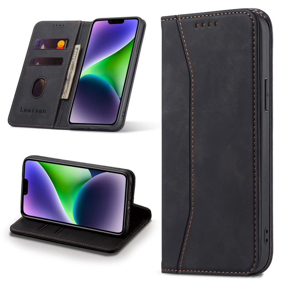 Leaisan Mobile Phone Case for iPhone 14 Case Premium Leather Flip Foldable Shockproof Magnetic [Stand Function] [Card Slots] Protective Case for iPhone 14 5G (6.1 Inch) Case - Black