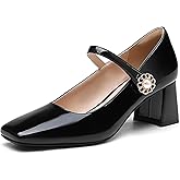 NEWBELLA Women's Patent Leather Mary Janes - Glossy Square Toe Pumps with Chunky Heel & Buckle Strap, Retro Dress Shoes for Work & Formal Events