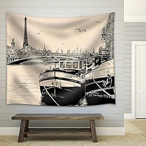 Vector - Vector Illustration of a View of Seine River in Paris with Barges and Eiffel Tower - Fabric Wall Tapestry Home Decor - 51x60 inches