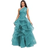 One Shoulder Prom Dresses for Women 2026 Tiered Ruffle Tulle Ball Gowns Pleated Layer Formal Evening Party Dress with Slit